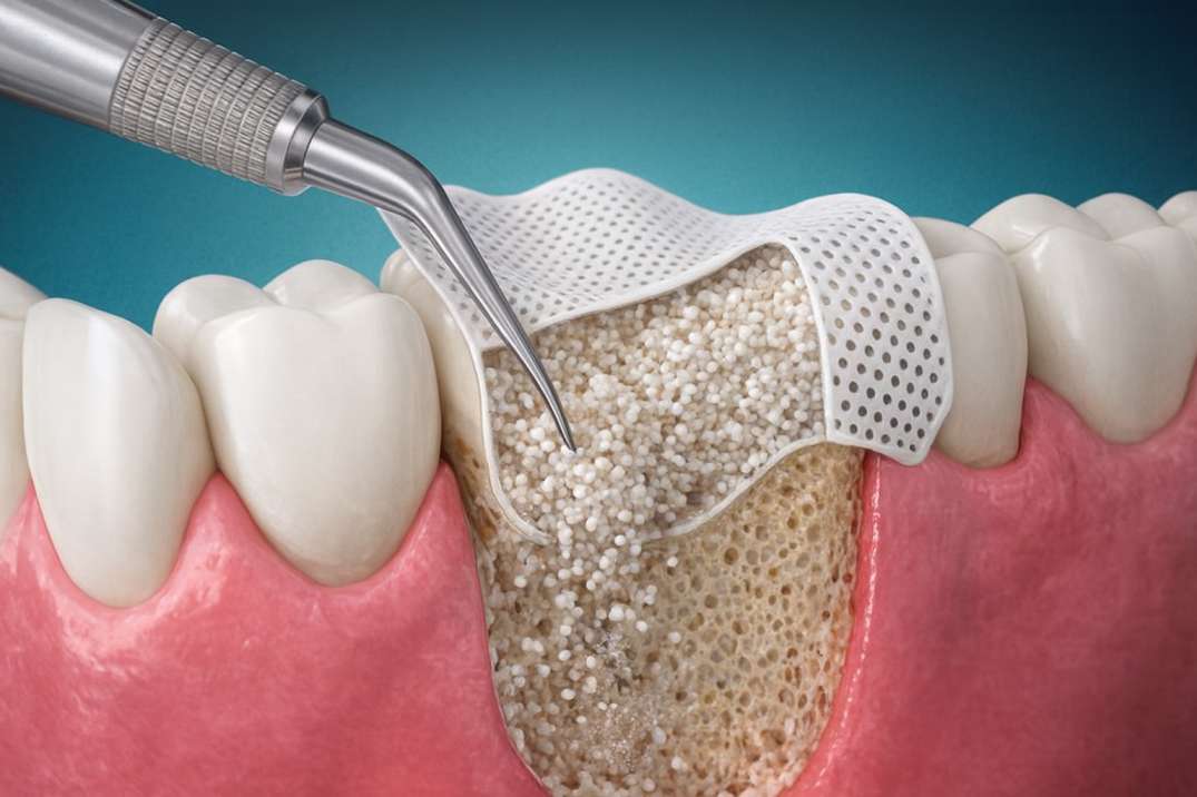 Dental bone grafting procedure showing granular material packed into a jawbone defect covered by a perforated membrane.