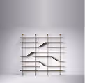 Modern wall-mounted shelf with multiple horizontal wooden planks supported by a black metal grid frame.