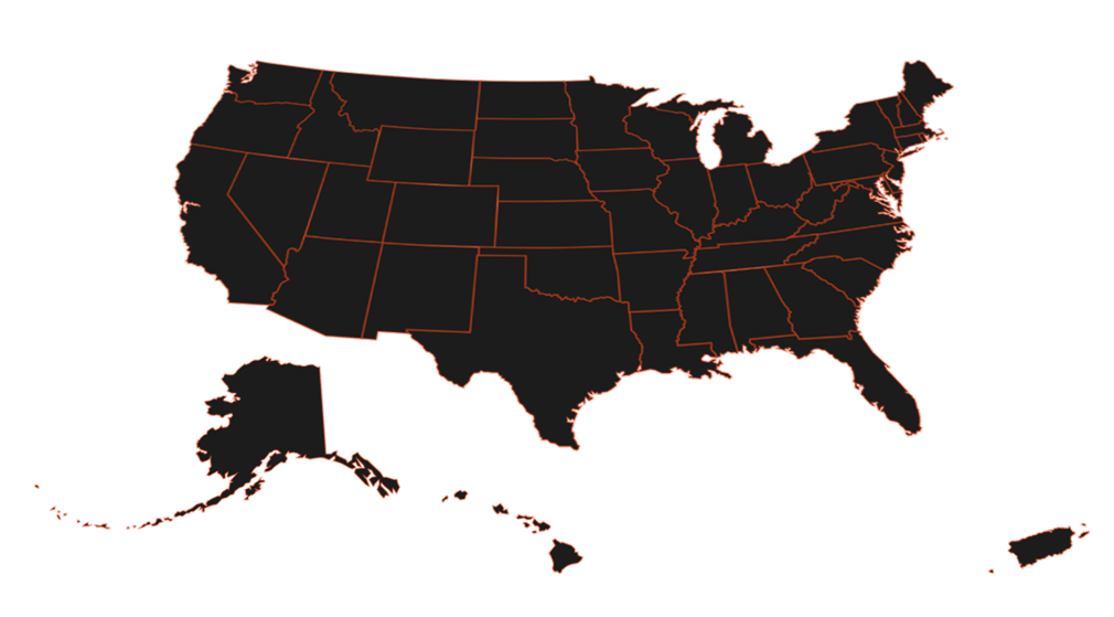 Outline map of the United States with states outlined in red-orange on a black background, including Alaska, Hawaii, and Puerto Rico.