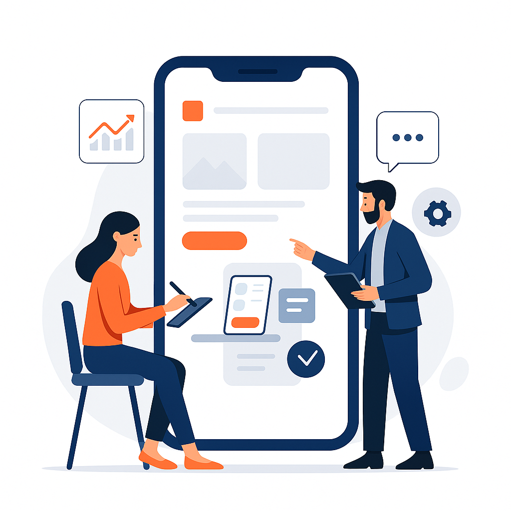 Two people collaborating on mobile app design in front of a large smartphone screen with app interface elements.