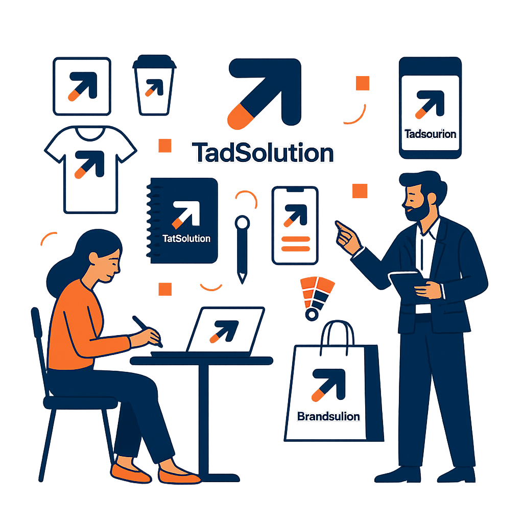 Illustration of two people discussing branding concepts with various branded items like a shirt, notebook, phone, coffee cup, and shopping bag, all featuring upward arrow logos and names TadSolution, TadSourion, and Brandsulion.