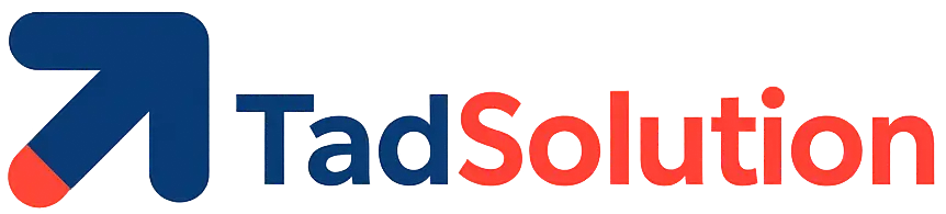 TadSolution logo with a blue upward-right arrow followed by the word 'Tad' in blue and 'Solution' in orange.