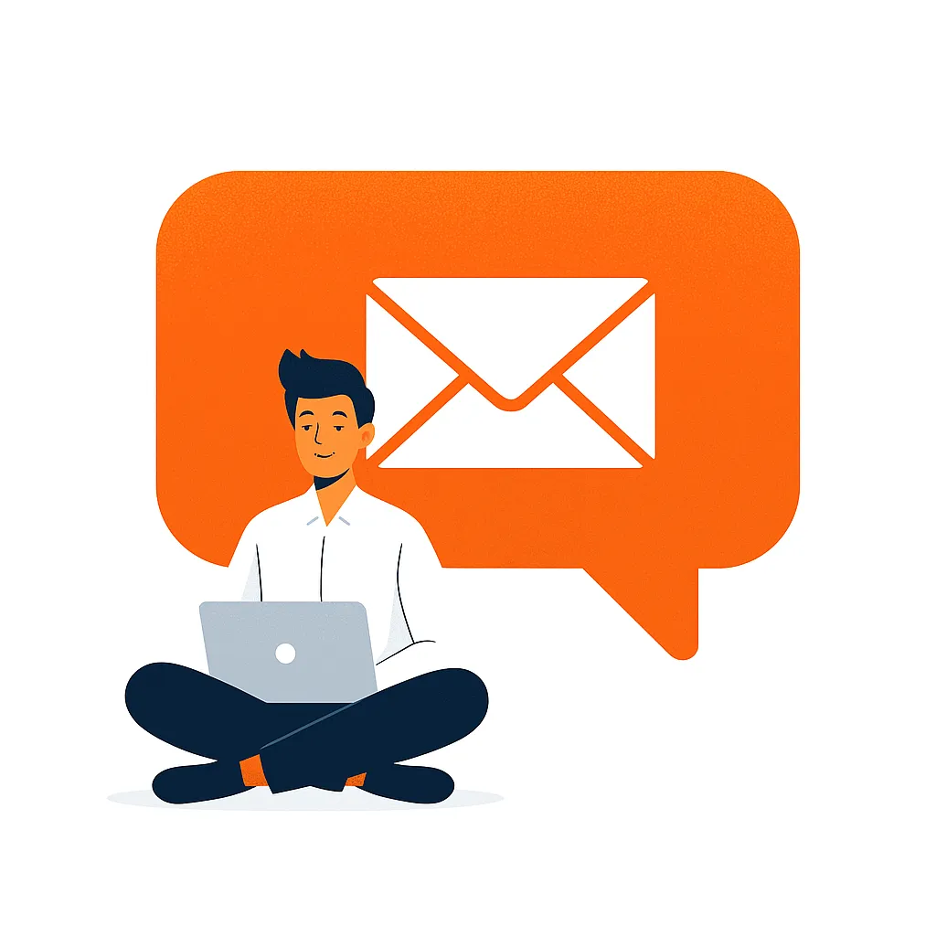 Illustration of a man sitting cross-legged with a laptop and an orange speech bubble containing an envelope icon behind him.