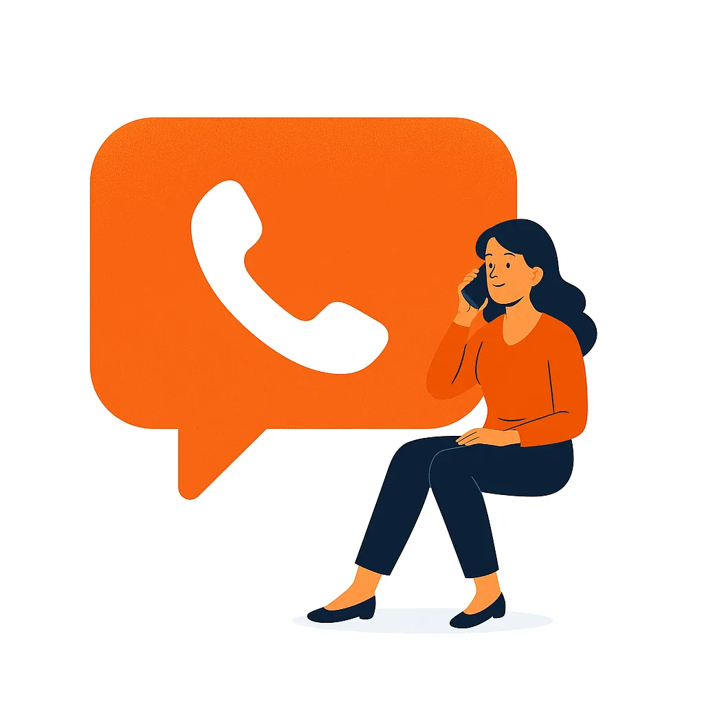 Illustration of a woman sitting and talking on a phone with an orange speech bubble containing a white telephone icon behind her.