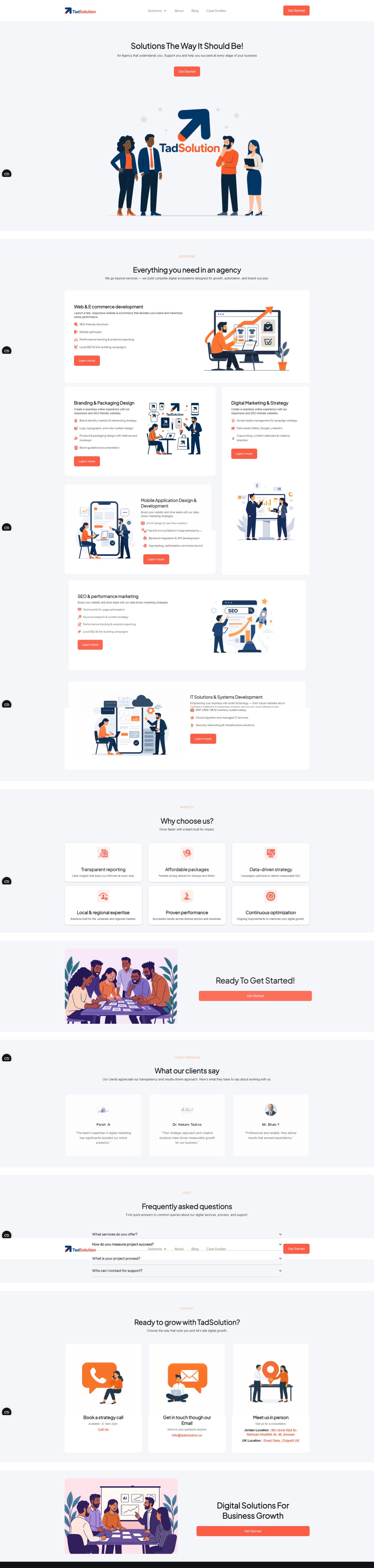 Website homepage showing TadSolution digital agency services with illustrated sections for web development, branding, marketing, mobile apps, SEO, IT solutions, client testimonials, FAQs, and contact options.