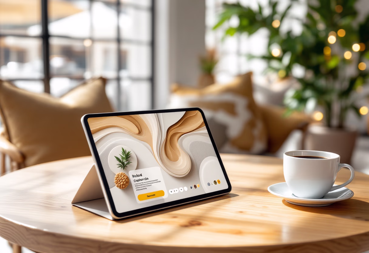 [digital project] image of a graphic design shown on a tablet screen in a cozy coffee shop (for a graphic design studio)