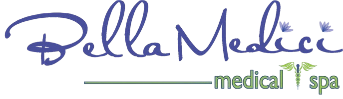 Bella Medici medical spa logo with stylized text and a caduceus symbol with leaves.