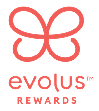 Coral-colored Evolus Rewards logo with a stylized looping butterfly above the text.