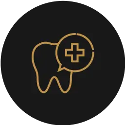 Icon of a tooth with a medical cross symbol inside a speech bubble on a black background.