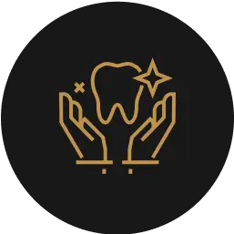 Gold line art of two hands holding a sparkling tooth on a black circular background.