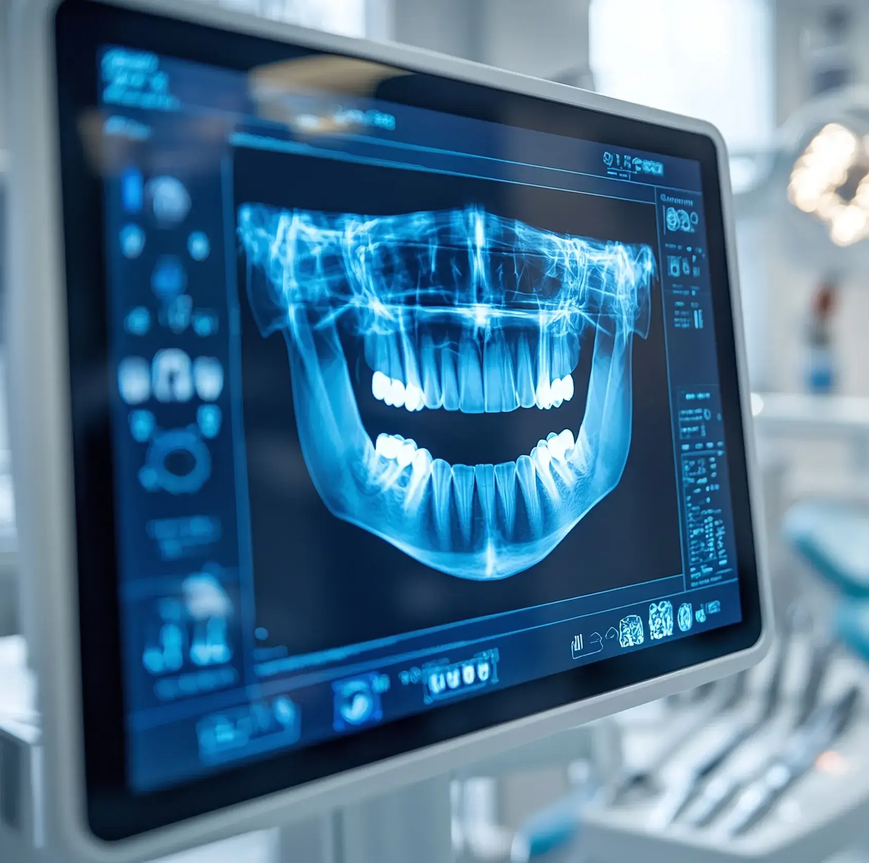 Digital panoramic dental X-ray displayed on a monitor showing a full set of teeth and jawbones.
