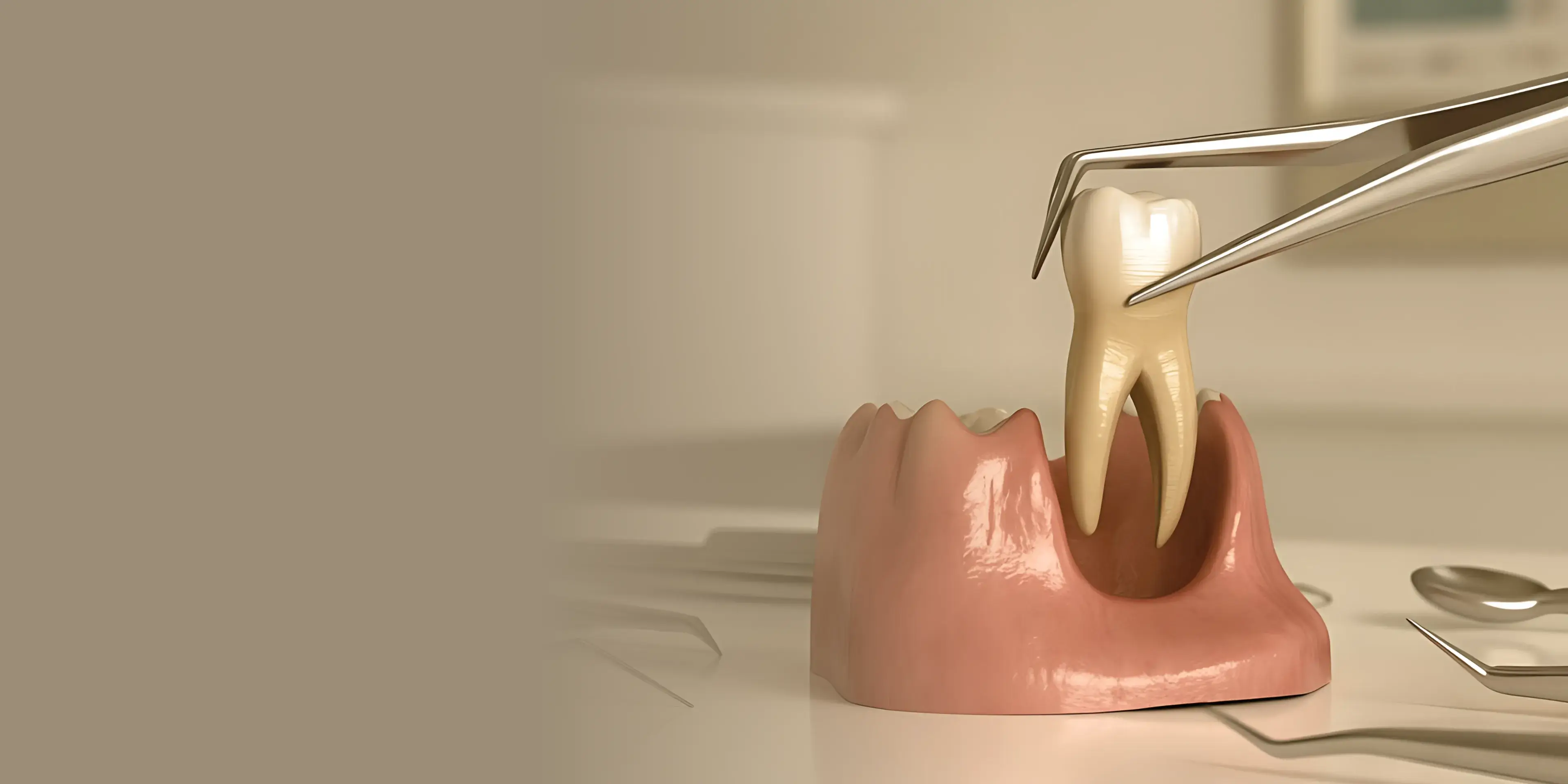 Dental model showing a tooth being extracted from gum tissue with metal forceps.