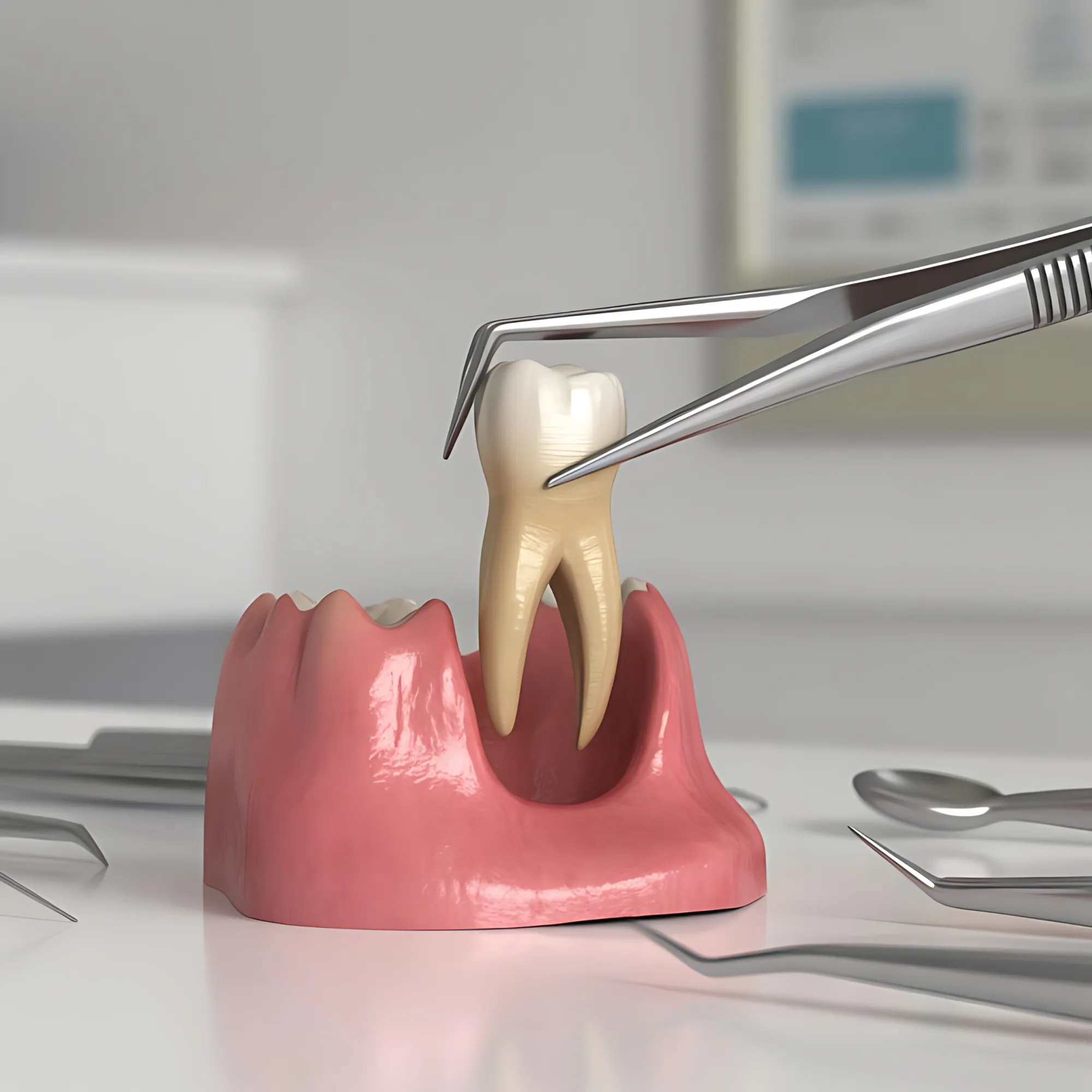 Dental model showing a tooth being extracted with tweezers from a gum with missing tooth space.
