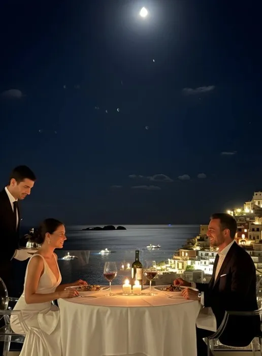 Couple enjoying a candlelit dinner at a table overlooking a moonlit sea with boats and lit hillside buildings in the background.