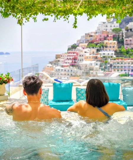 Breathtaking view of Positano and the Amalfi Coast from the water, gateway to the private boat tour