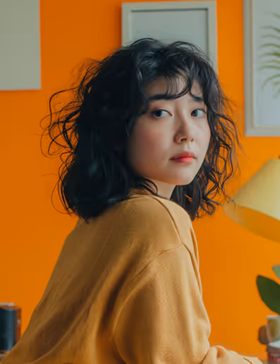 Femme pensive dans un espace coloré, symbole d’audace et de confiance en soi.