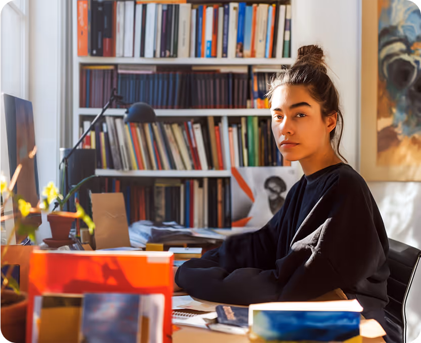 Femme concentrée travaillant sur son bureau dans un espace de travail inspirant rempli de livres.