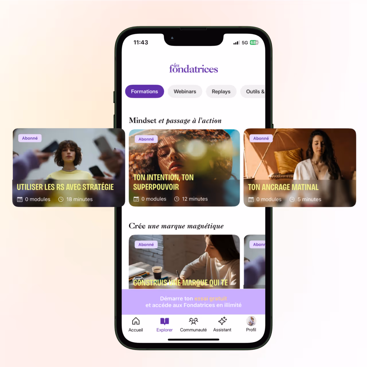 Aperçu de l’application Les Fondatrices affichant des programmes et parcours personnalisés pour femmes entrepreneures.