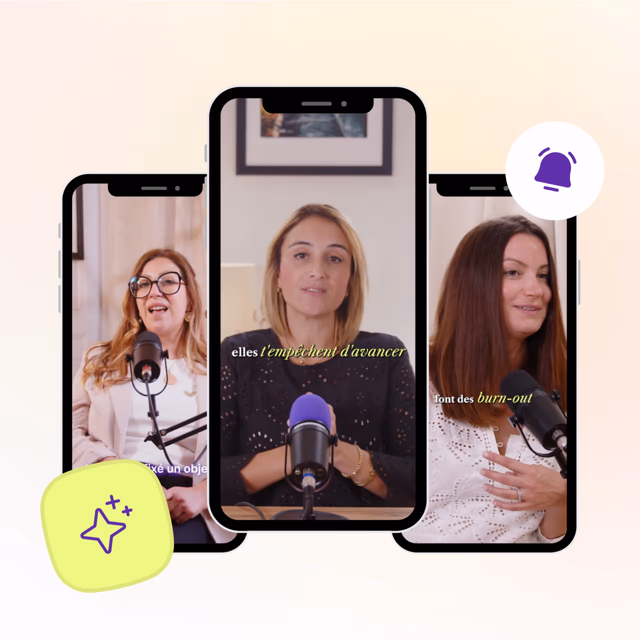 Trois femmes partageant leurs expériences dans des vidéos diffusées sur l’application Les Fondatrices, au milieu Samah la fondatrice de l'app