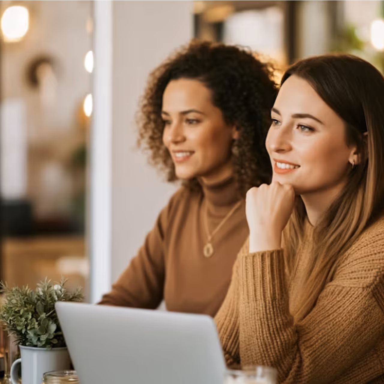 Deux femmes souriantes travaillant ensemble sur un ordinateur dans un cadre chaleureux.