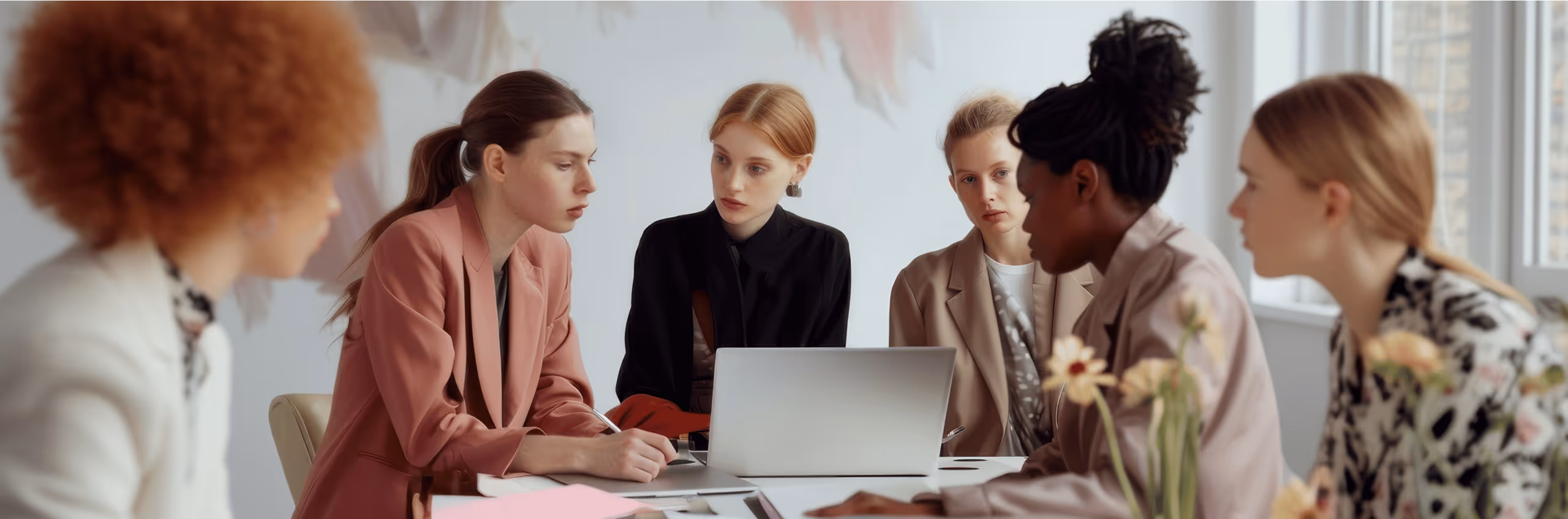 Femmes entrepreneures en réunion de travail et en échange d’idées dans un bureau coloré.