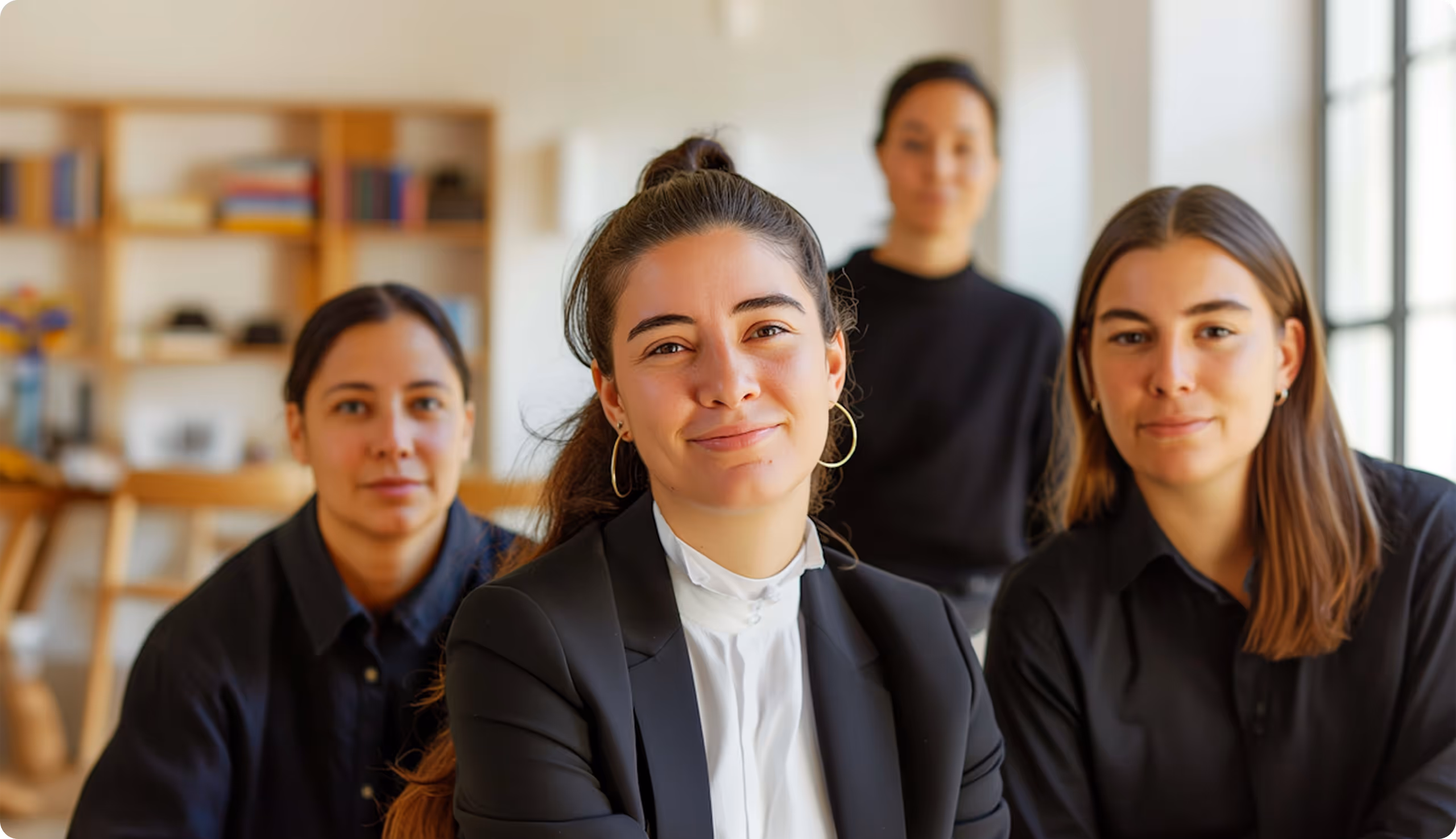 Groupe de femmes professionnelles collaborant ensemble dans un espace de travail moderne.