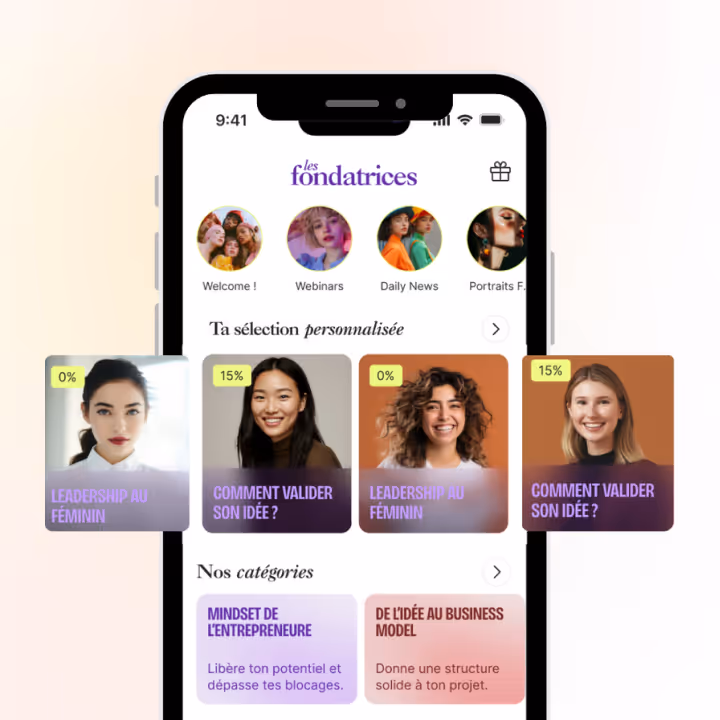 Aperçu de l’application Les Fondatrices affichant des programmes et parcours personnalisés pour femmes entrepreneures.