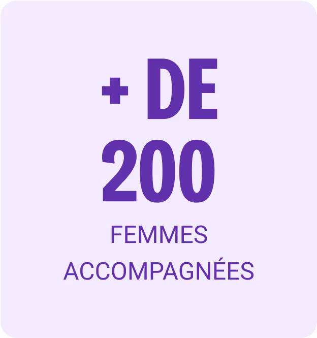 Visuel violet indiquant “+200 femmes accompagnées”, mettant en avant la portée de la communauté Les Fondatrices.
