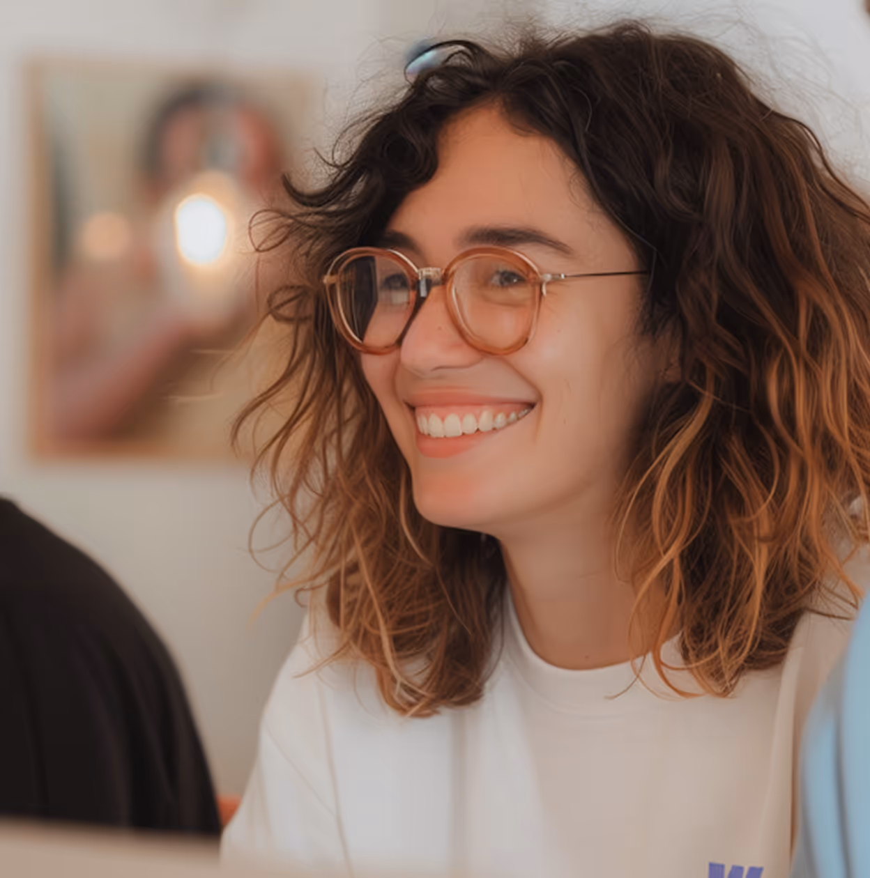 Femme souriante lors d’un échange collectif, symbole de bienveillance et d’entraide.