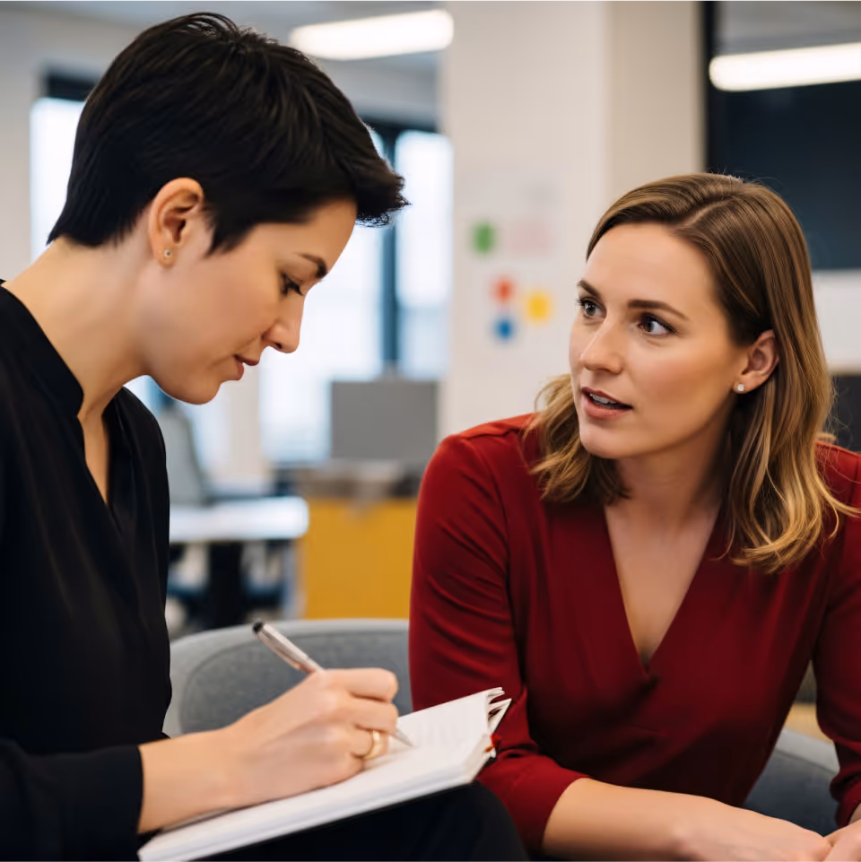 Deux femmes discutant stratégie lors d’un accompagnement professionnel.