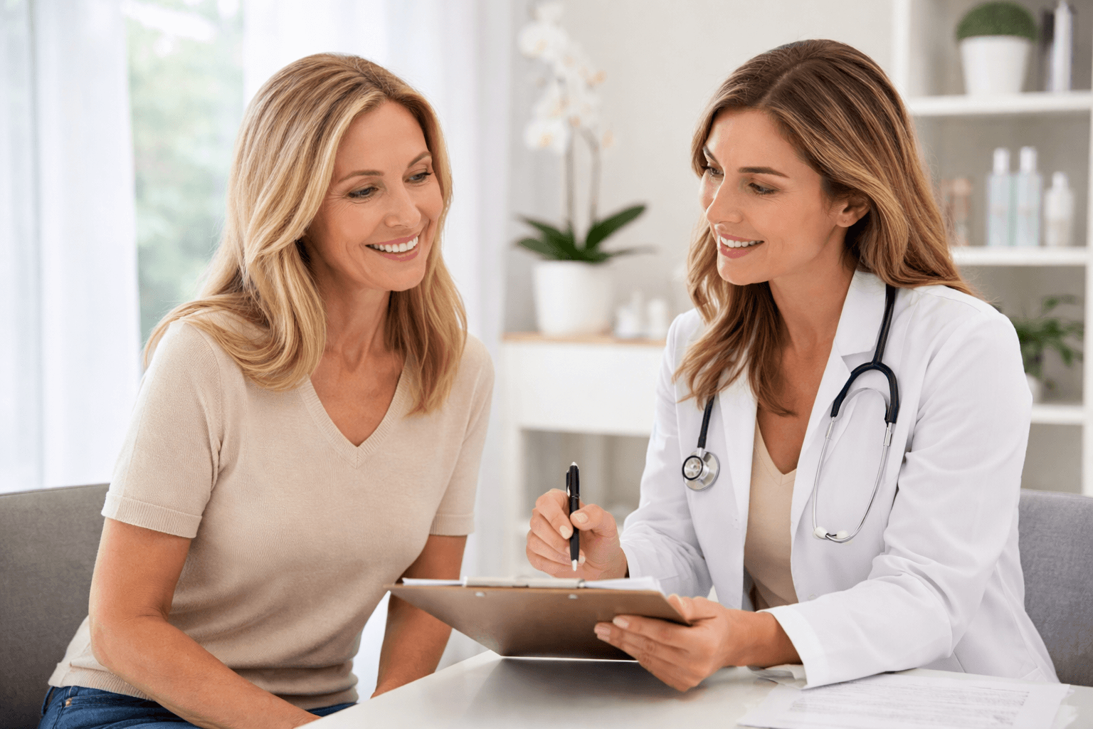 Provider consulting with patient about hormone replacement therapy in Cary, North Carolina, during a personalized wellness appointment