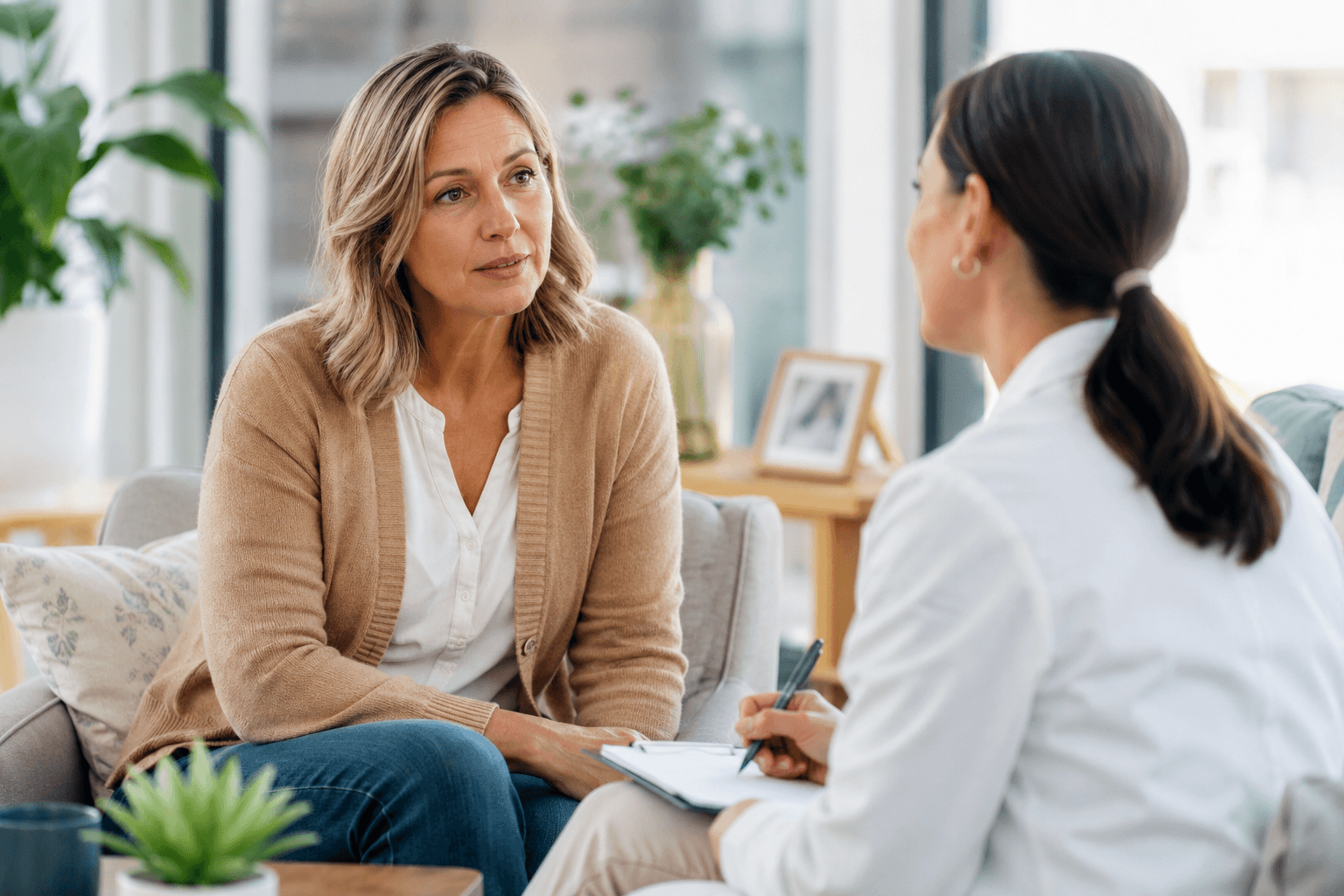  Woman in Cary, North Carolina discussing hormone replacement therapy and menopause symptoms with a wellness provider