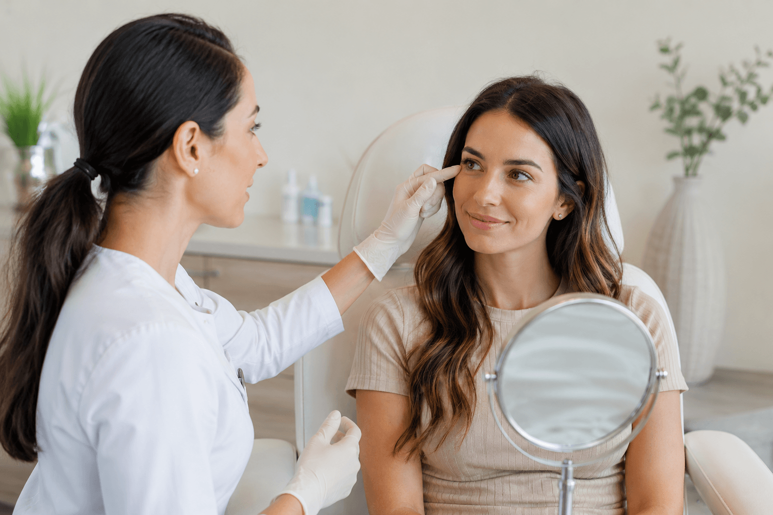 Young woman consulting with a medical aesthetic provider about preventative Botox treatment in Cary, North Carolina before early wrinkles develop.