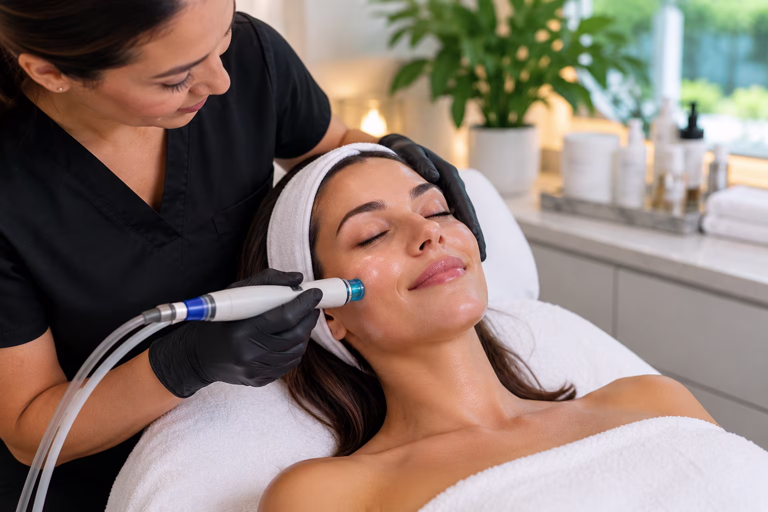 Busy professional receiving a HydraFacial treatment in Cary, North Carolina