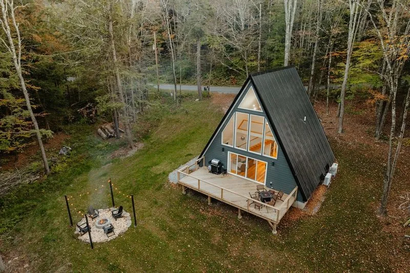 drone shot of a beautiful cabin