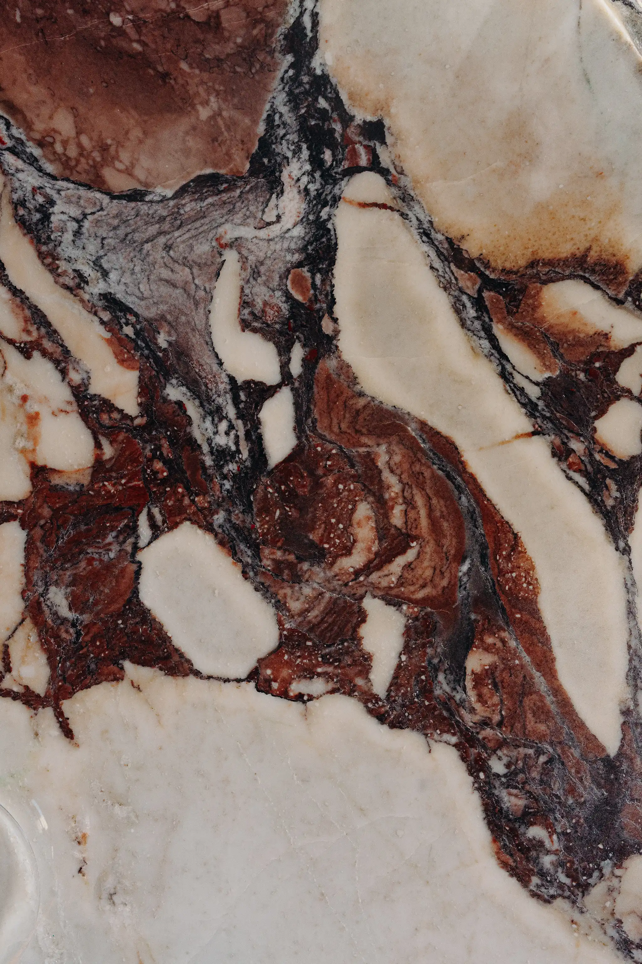 Close-up of polished marble stone showing dark red, black, and cream-colored veining patterns.