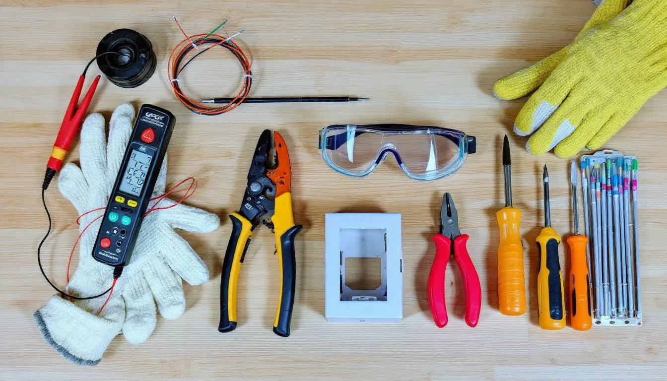The image shows an organized layout of tools and materials for installing GFCI outlets, including a voltage tester, wire strippers, electrical tape, and safety equipment. These items are essential for ensuring proper GFCI installation and maintaining safety during electrical work.