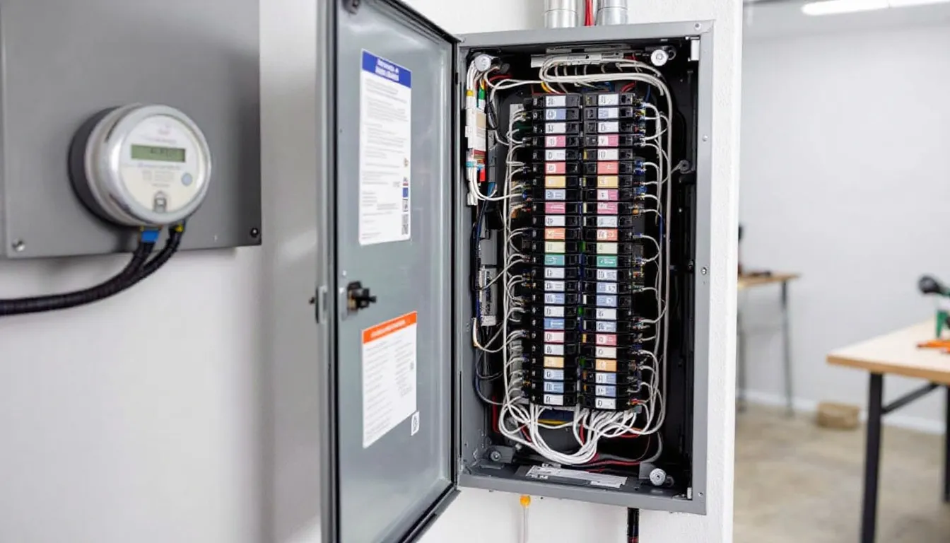 The image depicts a modern 200-amp electrical panel installation, showcasing well-organized circuit breakers and clear labeling for each circuit. This upgraded electrical panel ensures safety and efficiency, meeting the national electric code standards for a home's electrical system.