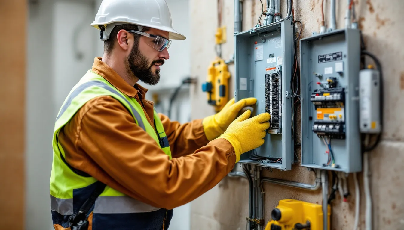 A licensed electrician is installing a new electrical panel, wearing proper safety equipment to ensure safety during the electrical panel upgrade. The image captures the electrician carefully working on the home's electrical system, highlighting the importance of modern electrical panels for efficient power distribution.