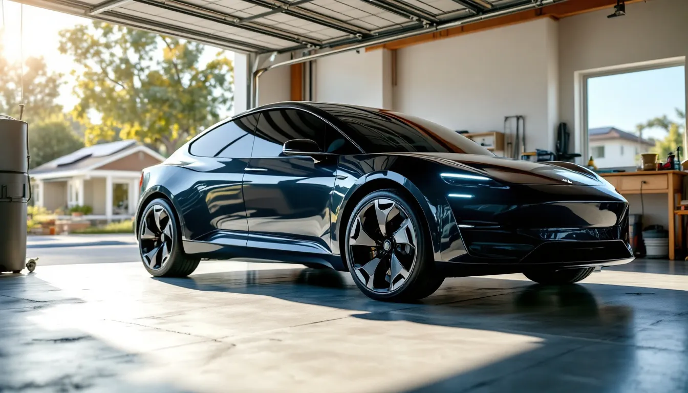 An electric vehicle is parked inside a California home garage, with solar panels visible through the windows, showcasing a modern setup for home charging stations. This image highlights the integration of renewable energy and electric vehicle charging, which may involve electrical upgrades and installation costs for homeowners considering an EV charger.