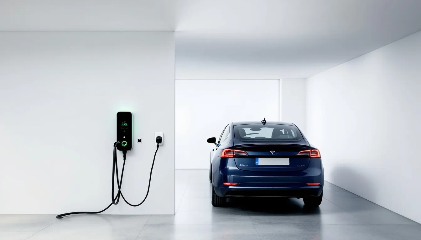 The image depicts a modern garage featuring an electric vehicle parked next to a sleek EV charger, illustrating an efficient home charging station setup. This setup highlights the importance of electrical upgrades and proper installation for EV drivers, ensuring a reliable power source for their vehicles.