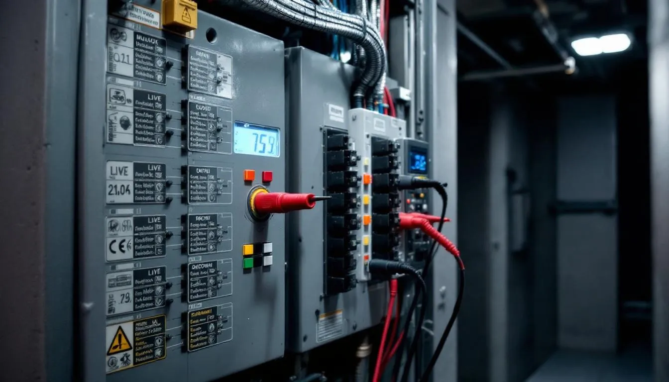 The image shows a circuit breaker panel with multimeter probes positioned at the input and output terminals for voltage testing, highlighting the process of testing circuit breakers to ensure proper operation and safety. The digital multimeter is set to AC voltage mode, emphasizing the importance of regular circuit breaker testing to avoid electrical hazards.