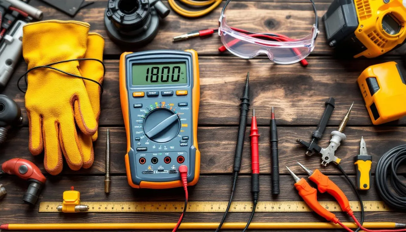 The image shows a digital multimeter alongside various electrical safety equipment arranged on a workbench, ready for testing circuit breakers and ensuring the proper operation of an electrical system. The multimeter is equipped with probes, highlighting its use in measuring voltage and continuity while maintaining safety precautions against electrical hazards.
