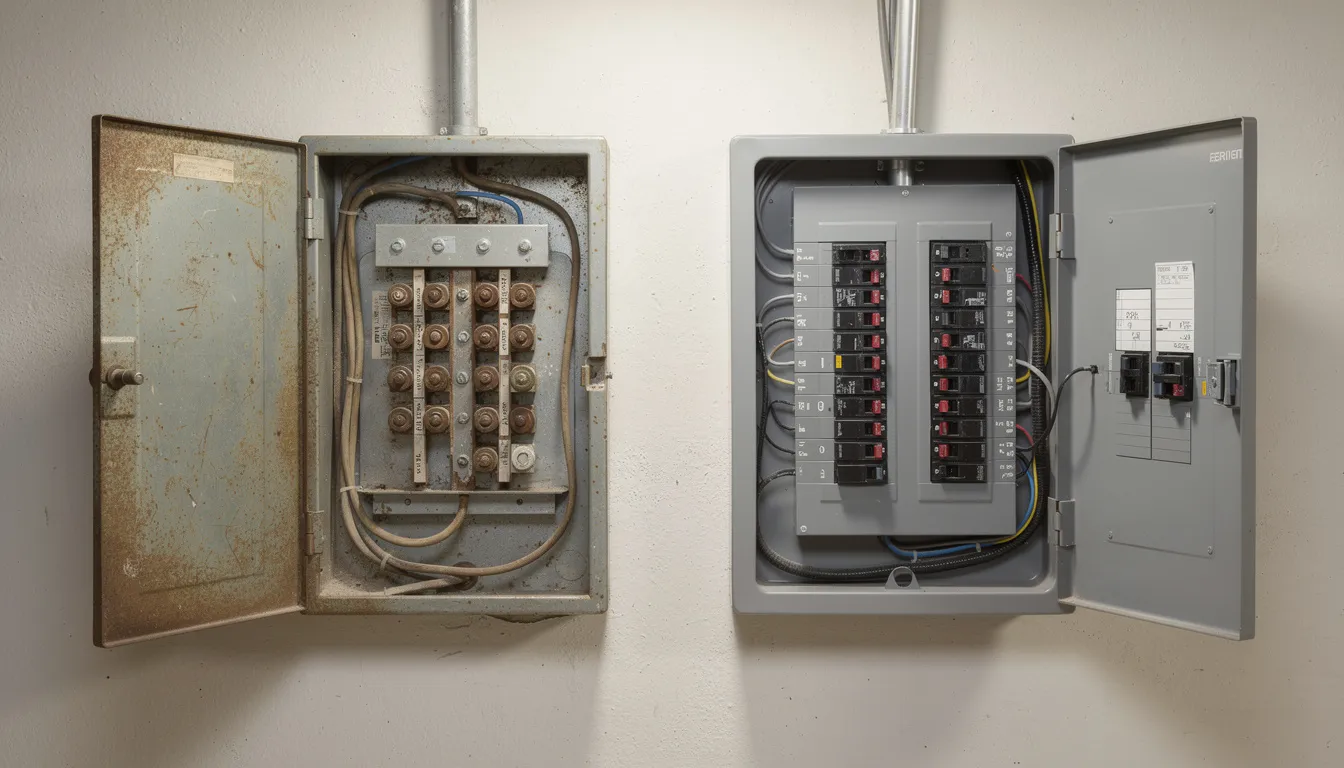 The image shows a side-by-side comparison of an old fuse box and a modern circuit breaker panel, highlighting the differences in design and functionality. The old panel, often associated with safety concerns and limited capacity, contrasts with the new breaker panel that offers enhanced electrical service and meets contemporary electrical needs.