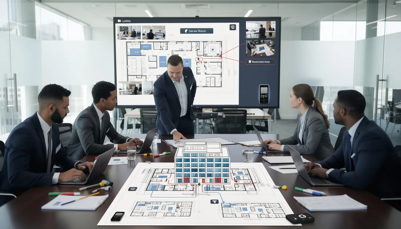 A team of professionals is gathered around a table, reviewing detailed building security plans and access control layouts, which include diagrams of access points and door hardware. They are discussing various access control solutions to enhance physical security and improve access management for the facility.