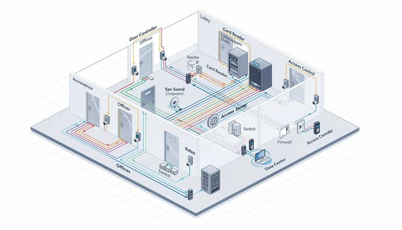 The image depicts a detailed network diagram illustrating interconnected access control doors throughout a building, showcasing various access points and door controllers that enhance physical security. This visual representation emphasizes the integration of access control solutions, including mobile credentials and key card readers, to manage and monitor access to specific resources effectively.