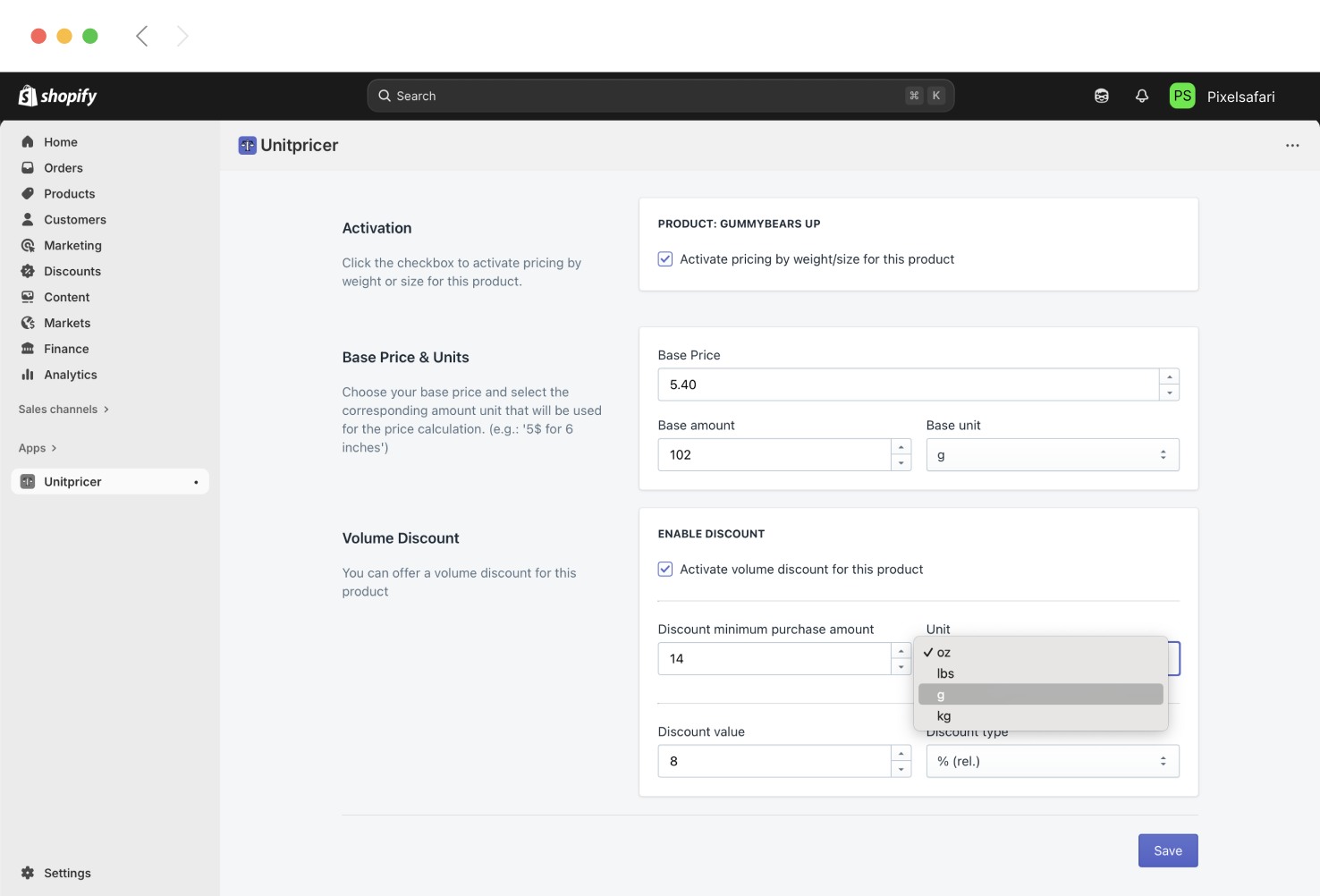 UnitPricer app settings in Shopify showing volume discount configuration fields for quantity-based or percentage discounts to encourage bulk purchases.