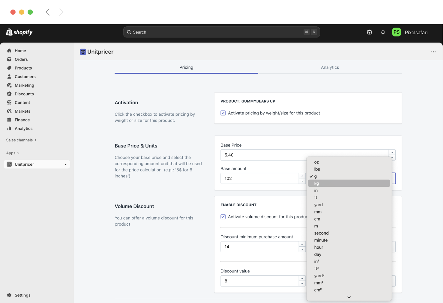 Shopify UnitPricer app interface displaying unit selection dropdown for automatic price conversion between inches, feet, grams, and kilograms at checkout.