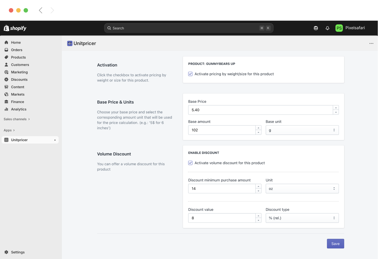 UnitPricer Shopify app dashboard showing product pricing setup with support for both imperial and metric units including weight, length, and volume measurements.