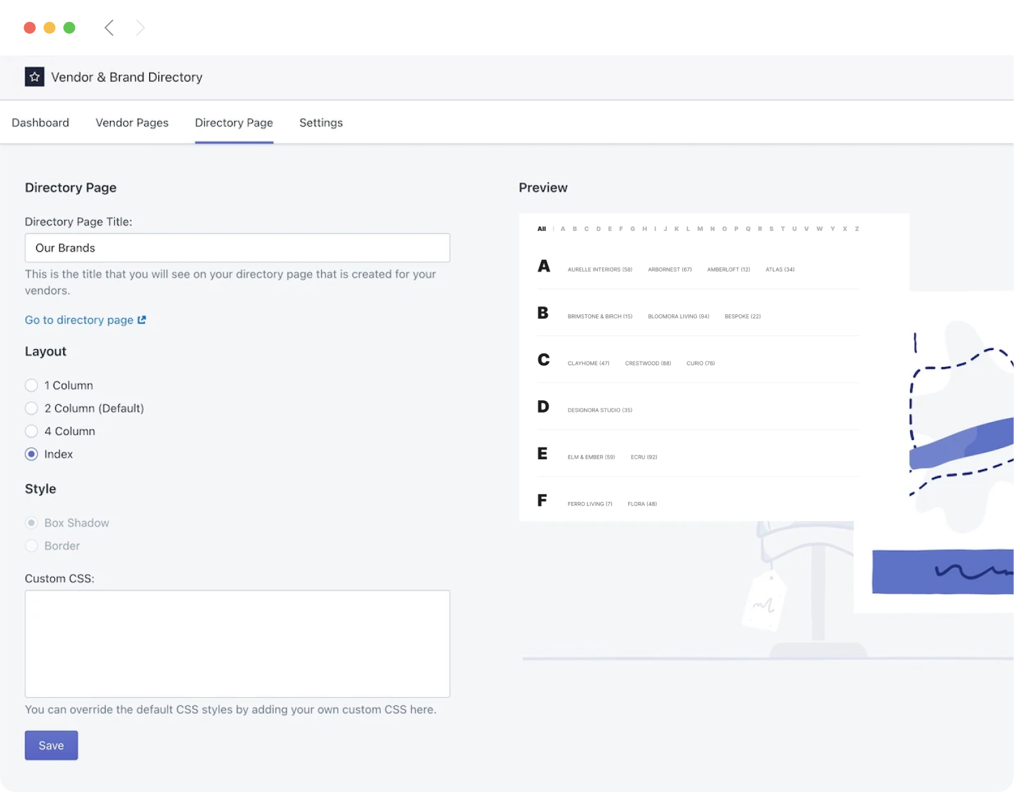 Vendor and Brand Directory settings page showing layout and custom CSS options in Brandscape app, with preview of alphabetical brand listings for an online store.